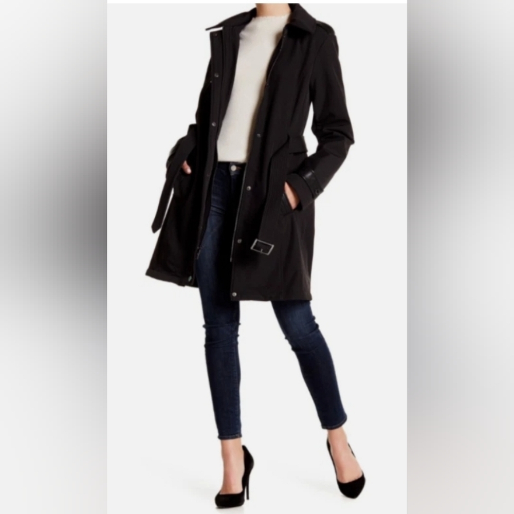 MICHAEL KORS Black Missy Water Resistant Hooded Coat Belt Faux Fur Size M Flaw*